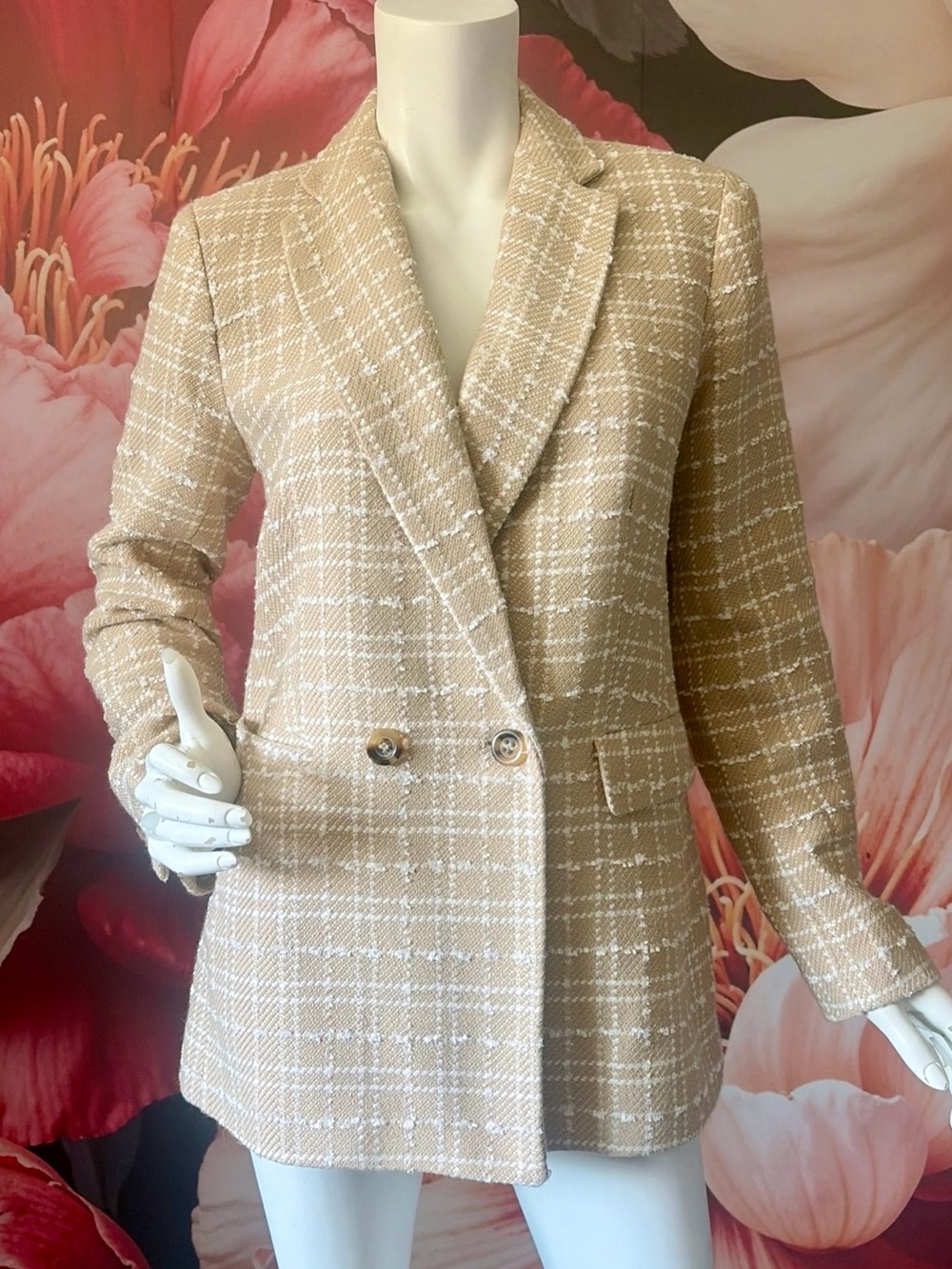 Ann Taylor Beige Tweed Plaid Blazer Jacket Women’s Size 2 NWT Cotton Blend